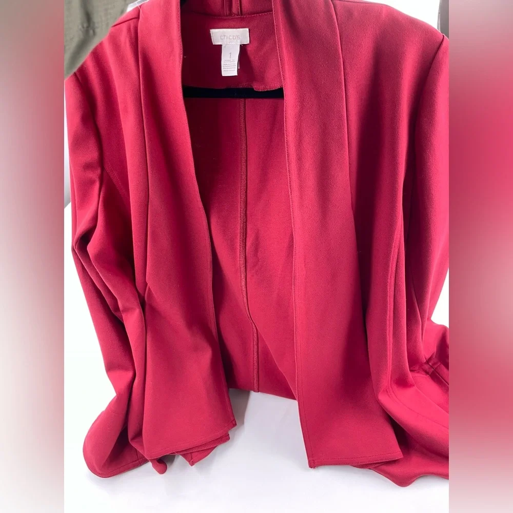 Chico’s Red Blazer Open Front Size Medium 8 10 Stretch